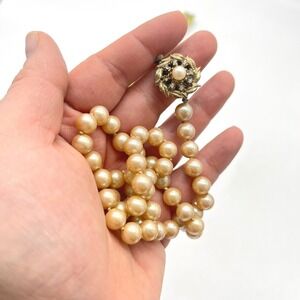 Vintage Style Cream Glass Pearl Knotted Necklace Gold Tone Rhinestone Clasp 21"